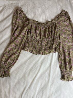 H&M Olive Green and Pink Smocked Off-Shoulder Crop Top